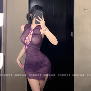 喵：妩媚御姐*高级感网纱透视镂空旗袍睡衣绑带纯欲包臀连衣裙女