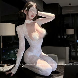 喵：雪韵天使*禁欲系透视白色连身袜女性感古韵渔网开档全包网衣