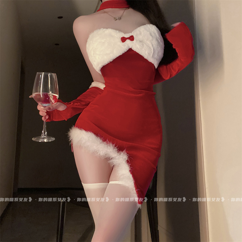 喵：圣诞辣妹裙性感制服开叉挂脖圣诞节红色收腰显瘦抹胸连衣裙女