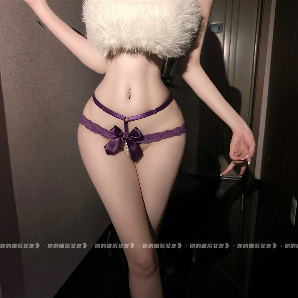 喵：魅惑腰精*性感诱惑蝴蝶结蕾丝内裤女镂空珍珠链条情调丁字裤