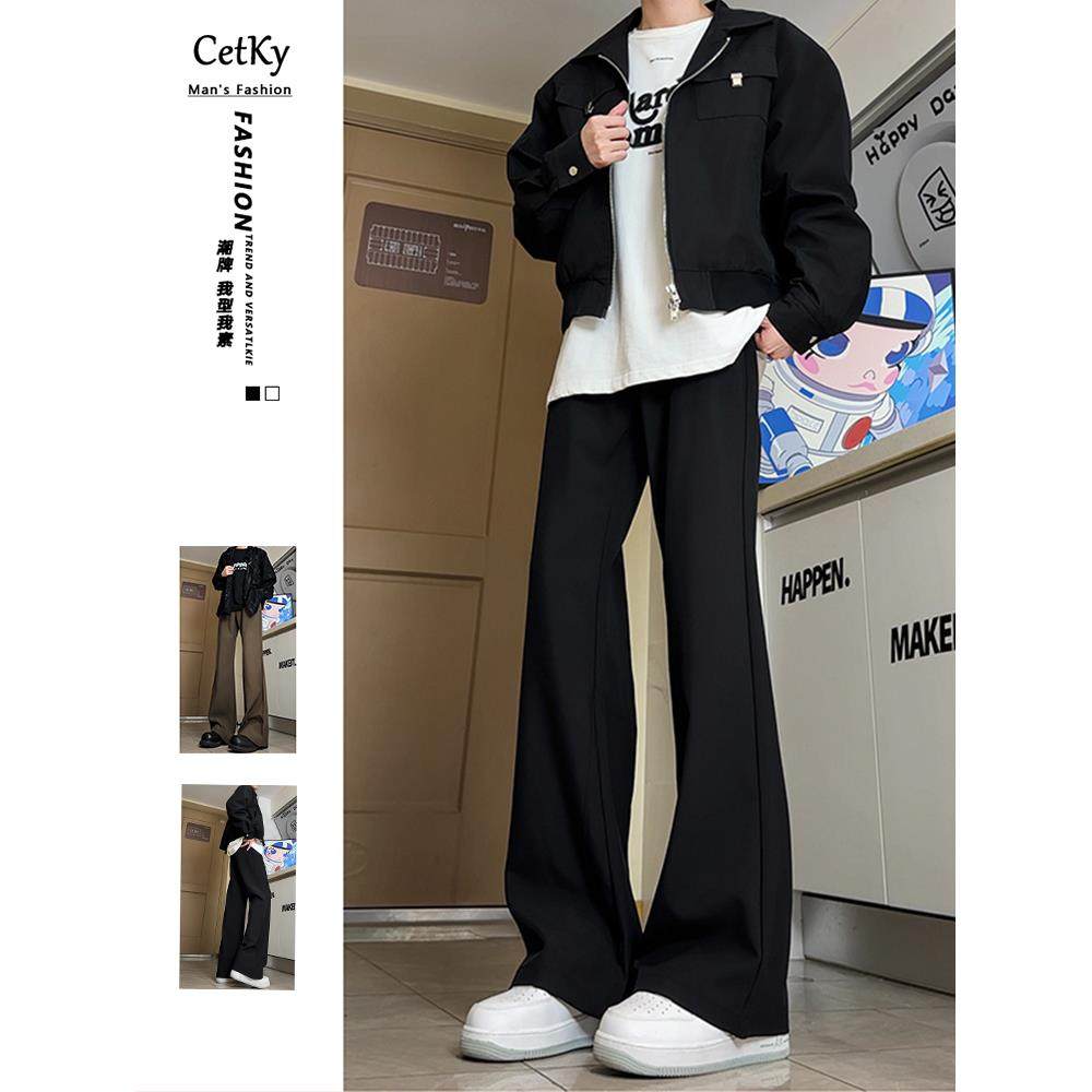 CetKy美式高街cleanfit廓形西裤黑色休闲裤男女直筒微喇vibe裤子