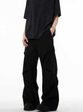 MADWITCH美式覆古cleanfit高级感休闲 裤褶皱设计宽松微喇黑色长