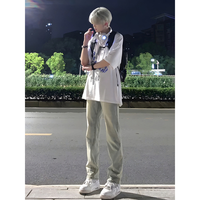 美式vibe高街裤子男款cleanfit水洗黄泥牛仔裤夏季修身直筒微喇裤