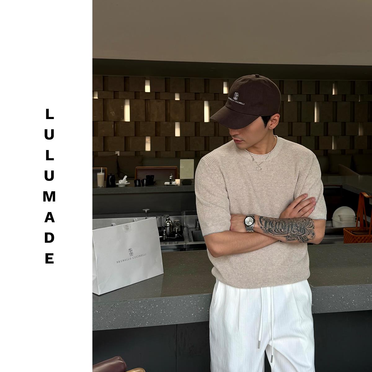 Lulumade【BC11200版】亚麻棉元宝针卷边圆领撞色针织短袖T恤 男