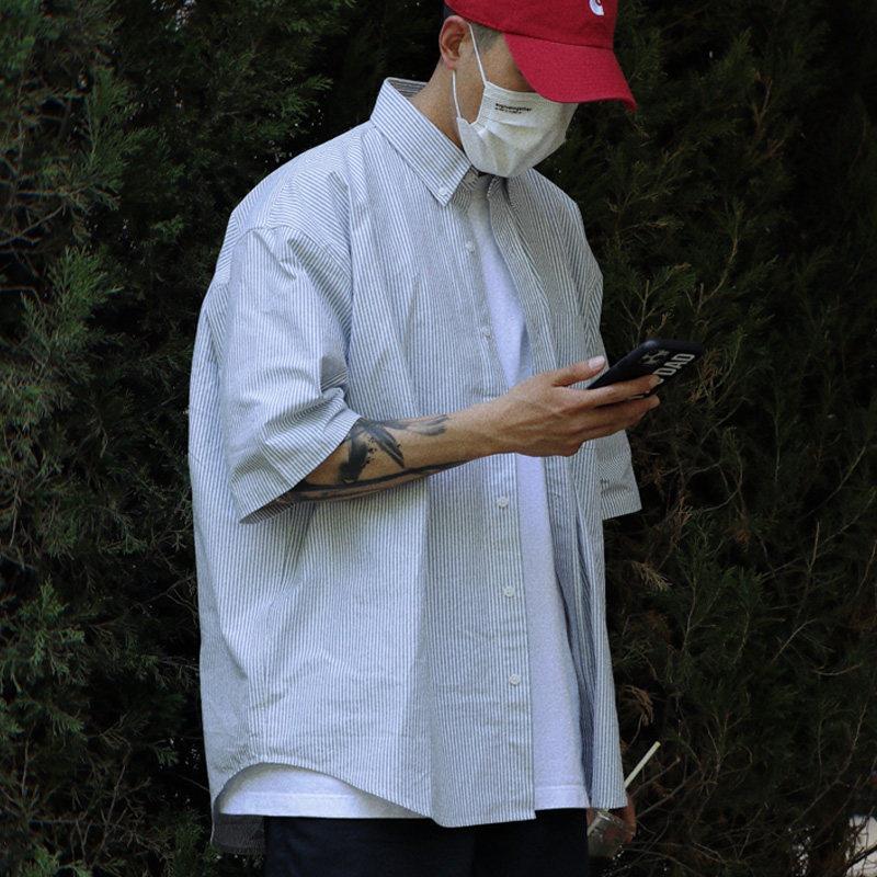 cleanfit日系短袖衬衫男夏季简约设计感美式条纹宽松半袖衬衣外套