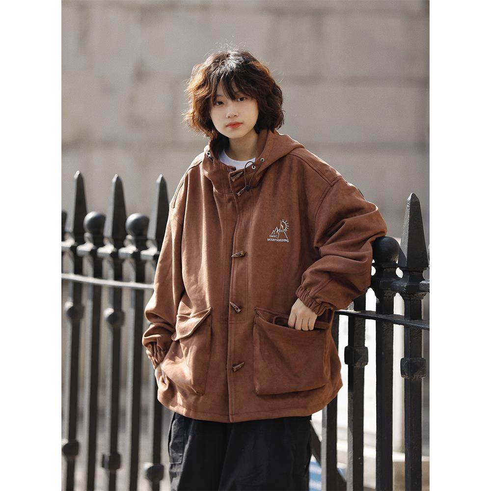 阿于呆复古秋冬牛角扣连帽厚外套男女情侣日系宽松麂皮绒夹克棉服