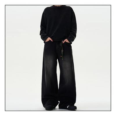 MADWITCH复古水洗bootcut牛仔裤男女宽松休闲阔腿直筒黑色裤子ins