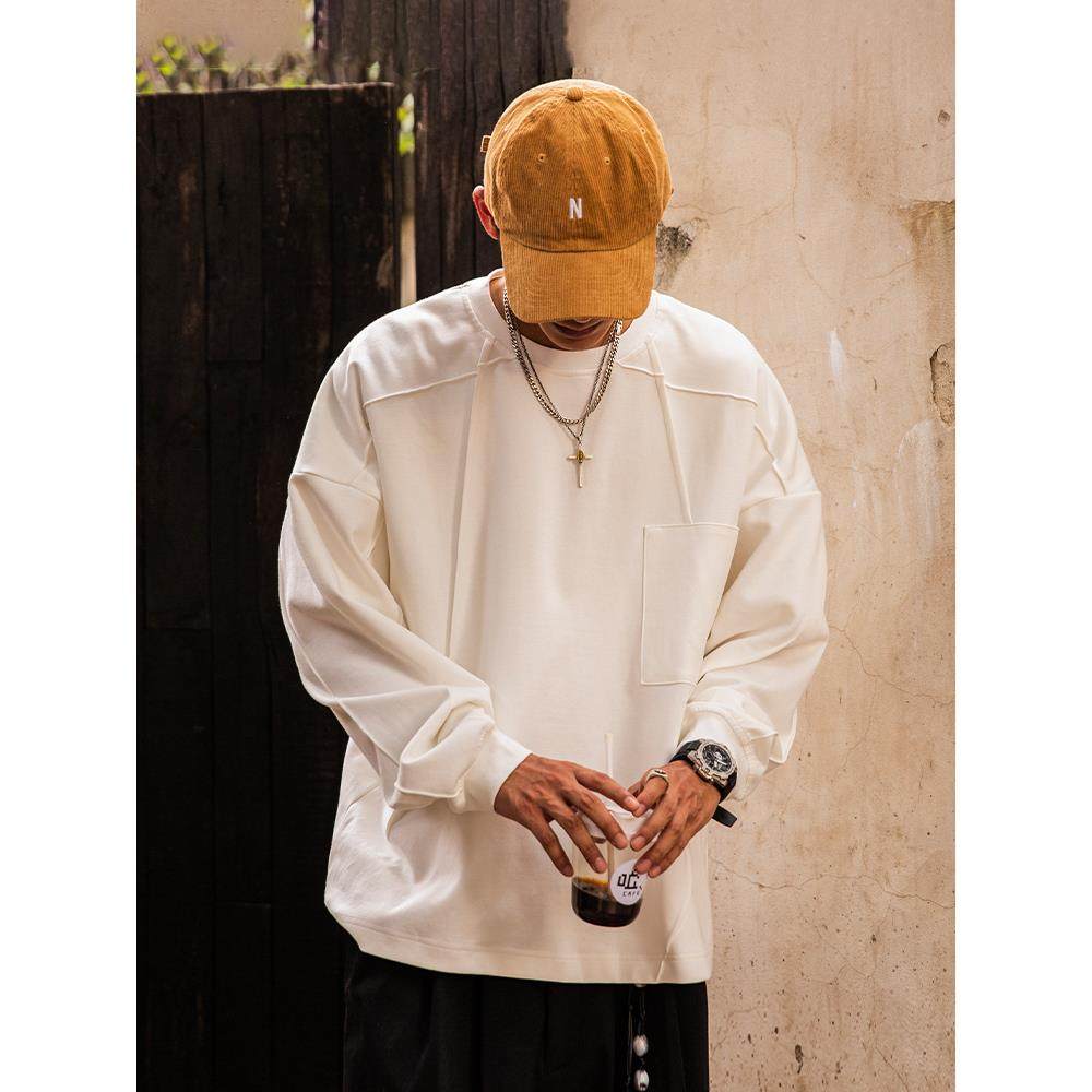 JUPSTUDIO缉明线口袋白色长袖T恤男春秋大码休闲重磅内搭打底上衣