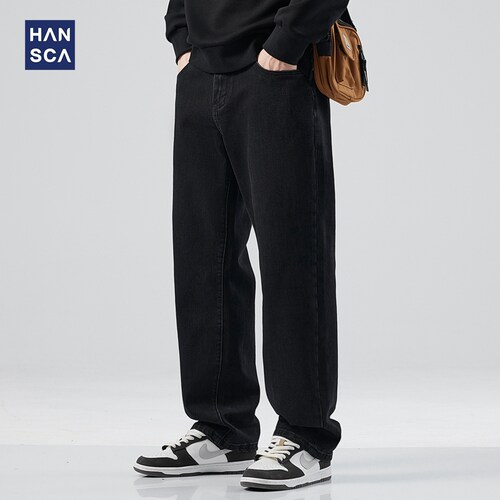 hansca黑色复古弹力牛仔裤男2026春夏薄款美式水洗宽松直筒休闲裤