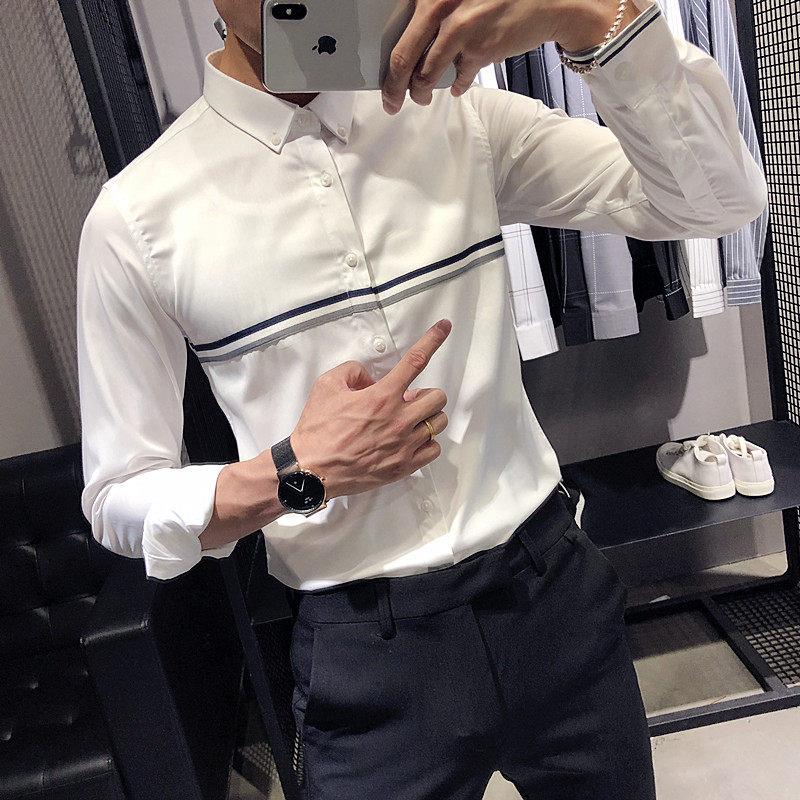 春季新款男士长袖衬衫青年修身韩版条纹休闲 寸衣潮流型男五分袖