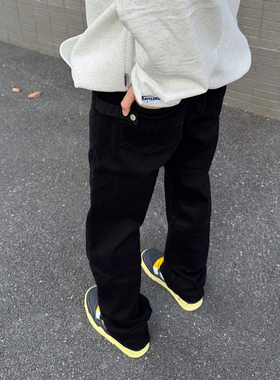 AHCN（志存高远）美式水洗纽扣直筒微弹牛仔裤黑色卡扣毛边长裤男