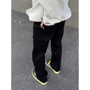 AHCN（志存高远）美式水洗纽扣直筒微弹牛仔裤黑色卡扣毛边长裤男