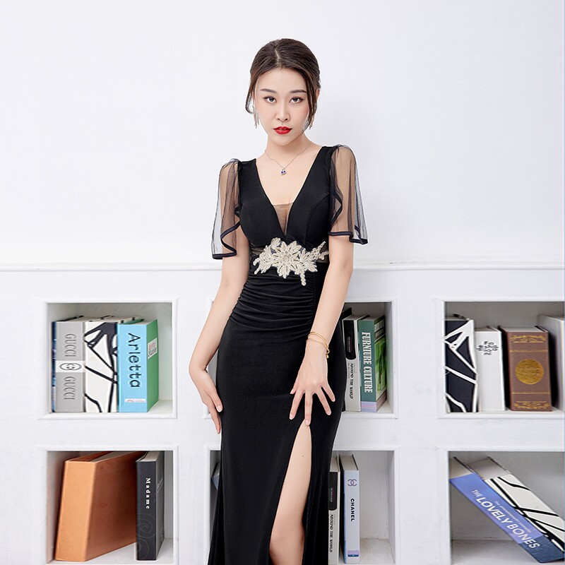 性感连衣裙低胸气质名媛晚礼服短袖长款夜场女装桑拿技师沐足工衣