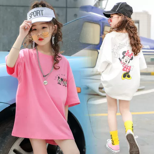Хлопковая длинная летняя детская футболка с коротким рукавом, средней длины, в западном стиле, в корейском стиле, подходит для подростков