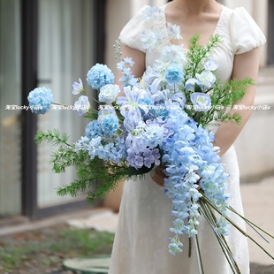 蓝色系高档花束假花仿真花摆设家居装 饰婚庆布置花艺花瓶插花摆件