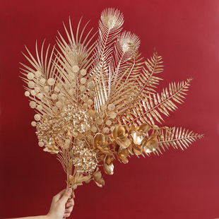 金色仿真花束尤加利吉祥扇枫叶婚庆引路花新年家居装 饰插花配件