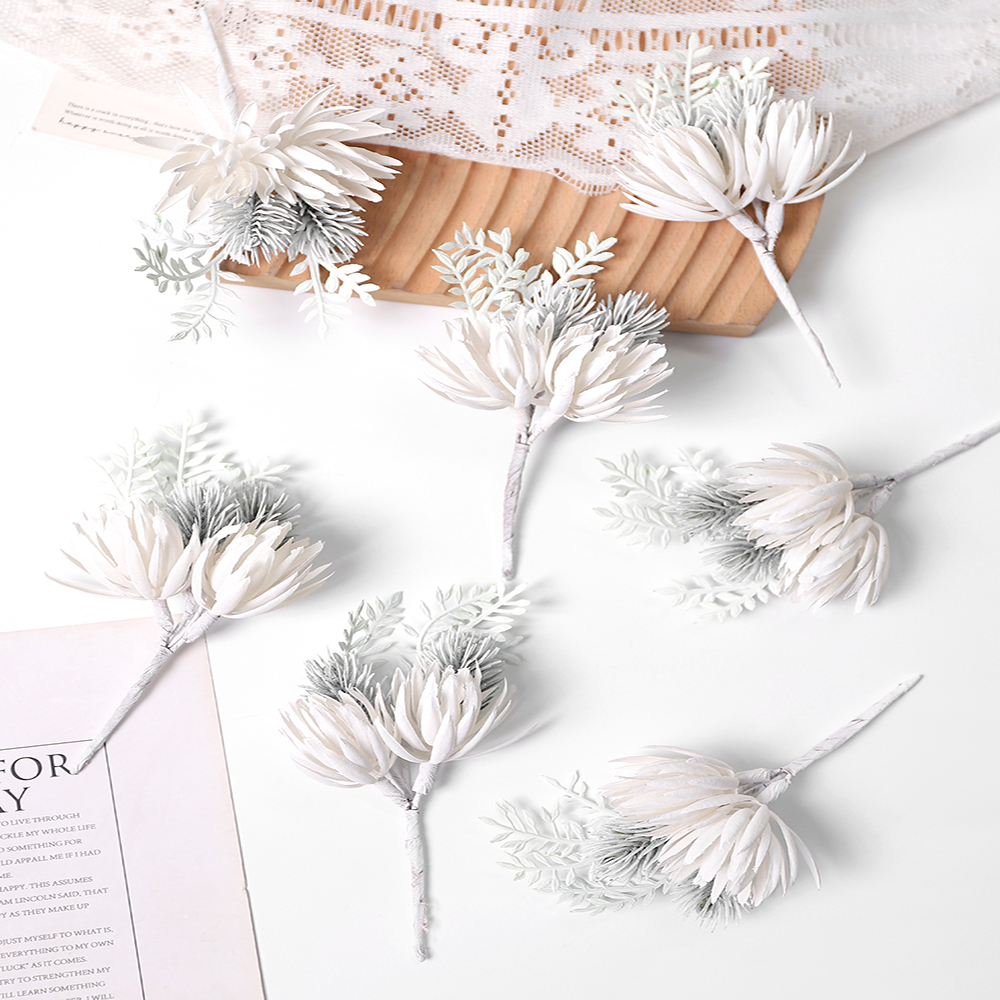 仿真银白色松针花束 diy手工花环材料圣诞节场景布置挂件装饰塑料