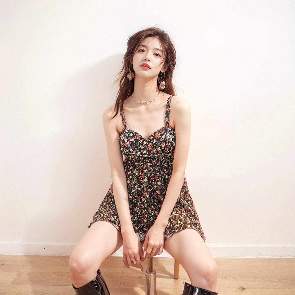 奈妃儿小碎花裙式显瘦泳衣