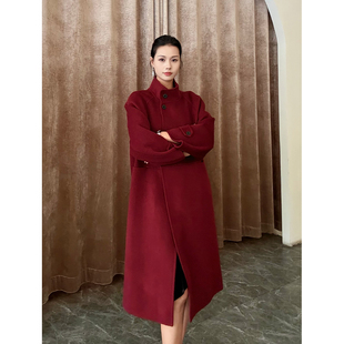 红色双面羊绒大衣女中长款2025秋冬新款小个子显瘦减龄羊毛呢外套