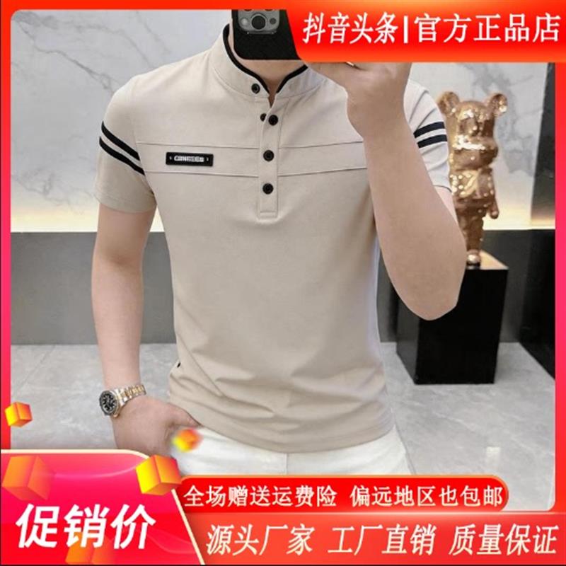 枫善服饰男装高档修身立领短袖男士夏季休闲半袖潮流打底衫上衣