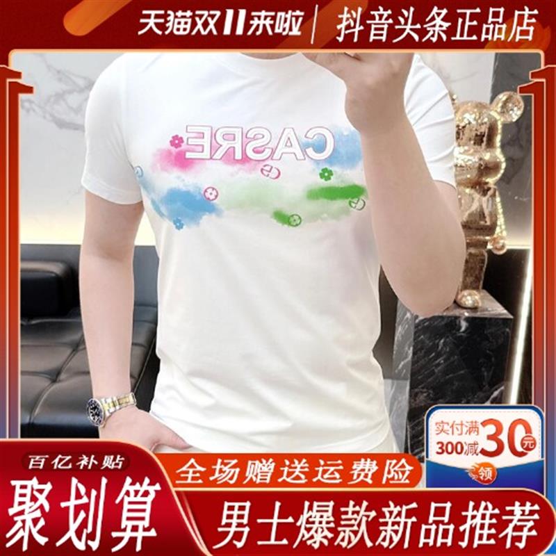 言栖服饰潮流徽章印花气质短袖男士修身百搭圆领T恤2026夏季新款