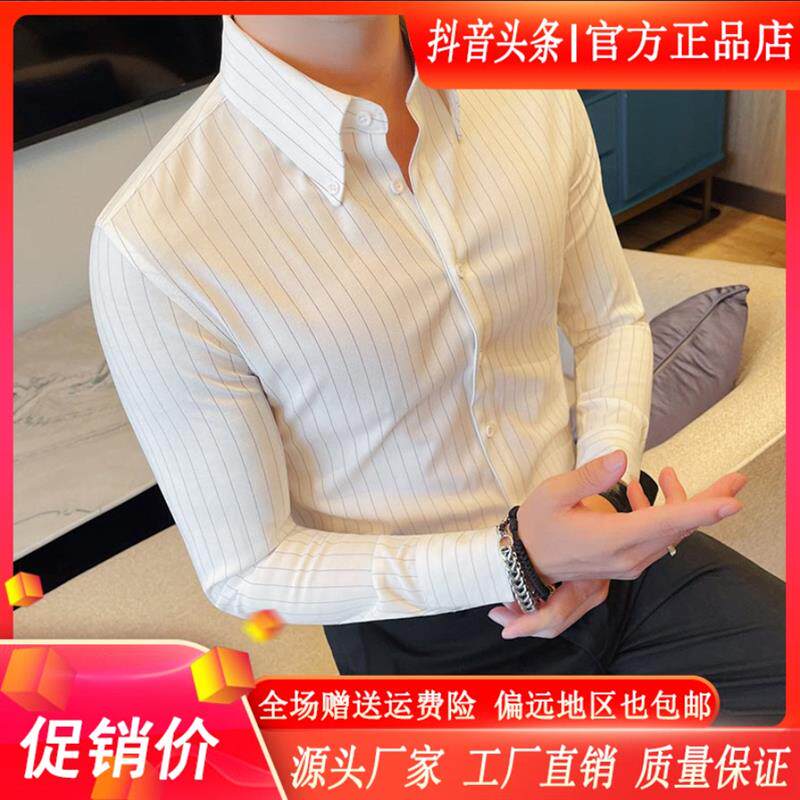 高品质条纹大领衬衫男士长袖秋季新款高级感商务通勤西装内搭衬衫