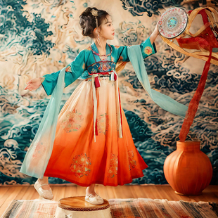 汉服女童春夏古装敦煌飞天大唐公主襦裙古风儿童嫦娥仙子演出服装