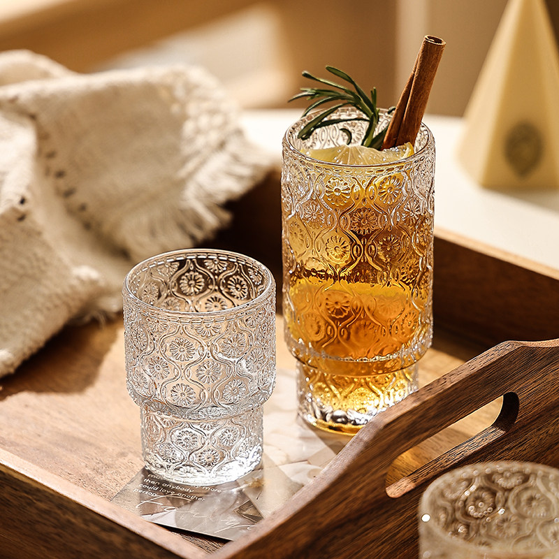 法式浮雕咖啡杯子女士高颜值玻璃杯高级感轻奢果汁杯冷饮杯啤酒杯,餐饮具,玻璃杯,淘宝优惠券,粉丝福利购,淘宝优惠卷