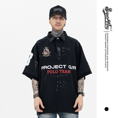 SUP男装|2025春夏polo衫新品潮牌短袖拼接徽章字母刺绣足球3号T恤