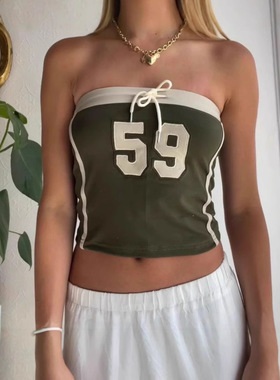 欧美跨境街头性感辣妹数字刺绣设计感抹胸绑绳短款露脐套头背心