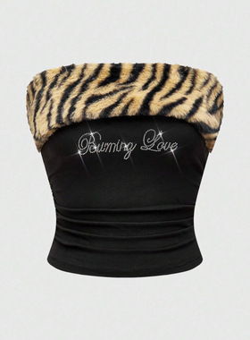 欧美跨境新款修身性感辣妹y2k字母烫钻豹纹露脐上衣抹胸背心