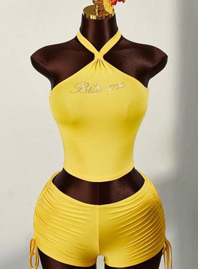 夏季新品欧美街头辣妹修身短款设计感挂脖无袖字母烫钻背心两件套