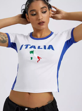 速卖通球衣通勤街头欧美性感辣妹T恤女字母刺绣露脐上衣外女上衣