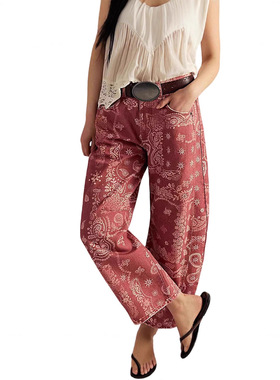 亚马逊25秋冬新款跨境欧美女装印花多色高腰宽松直筒裤休闲裤女