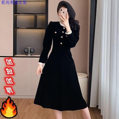 新中式高级感加绒加厚小黑裙2025秋冬季大码胖mm气质减龄连衣裙女