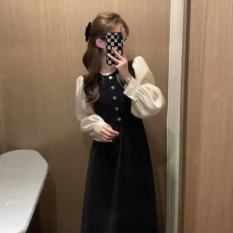 立领泡泡袖连衣裙2025秋冬新款黑白拼接假两件小香风显瘦中长裙子