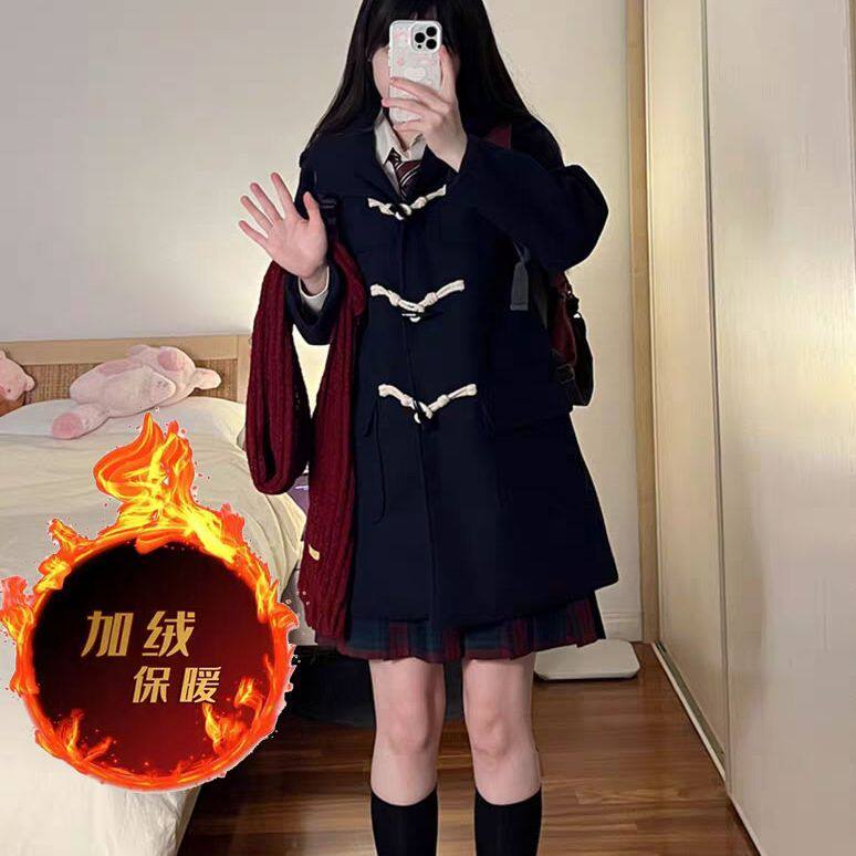 JK校供感牛角扣大衣女秋冬季日系学院风小个子毛呢外套夹棉加厚款