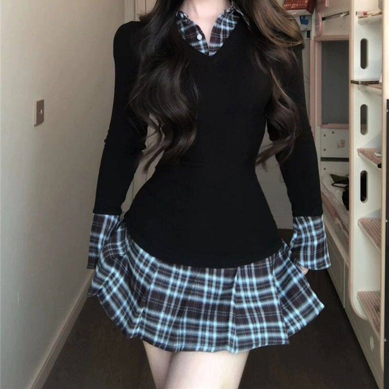 美式辣妹假两件黑色包臀连衣裙女秋季修身显瘦收腰a字百褶短裙子