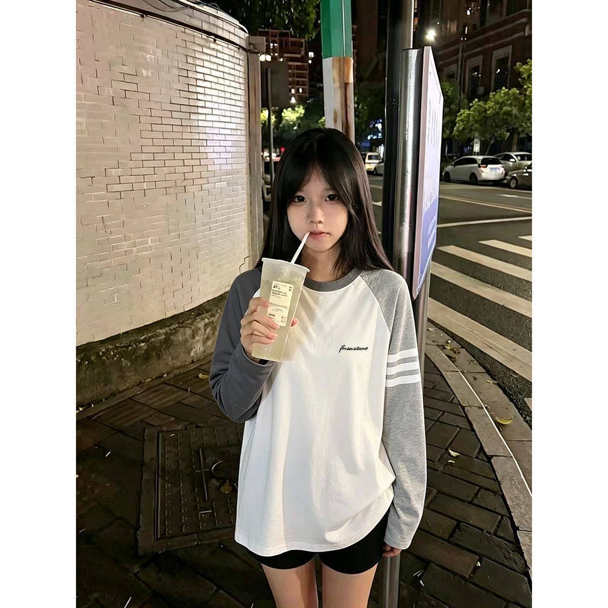 少女大童三条杠撞色插肩长袖t恤秋季初中高中学生宽松打底衫上衣