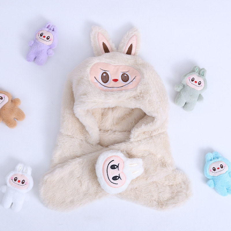 两件套围脖防寒帽兔子拉布布儿童帽毛绒帽秋冬加厚保暖一体帽帽子