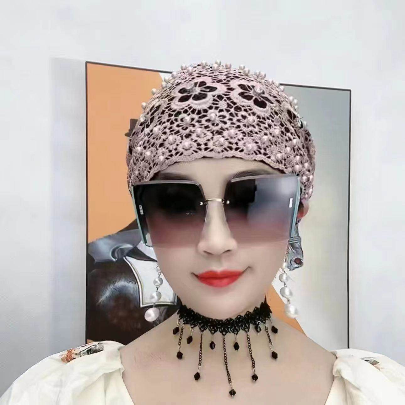 新款钩花边珍珠镂空薄款宽发带蕾丝弹力头带发饰帽子圆顶钉珠帽子