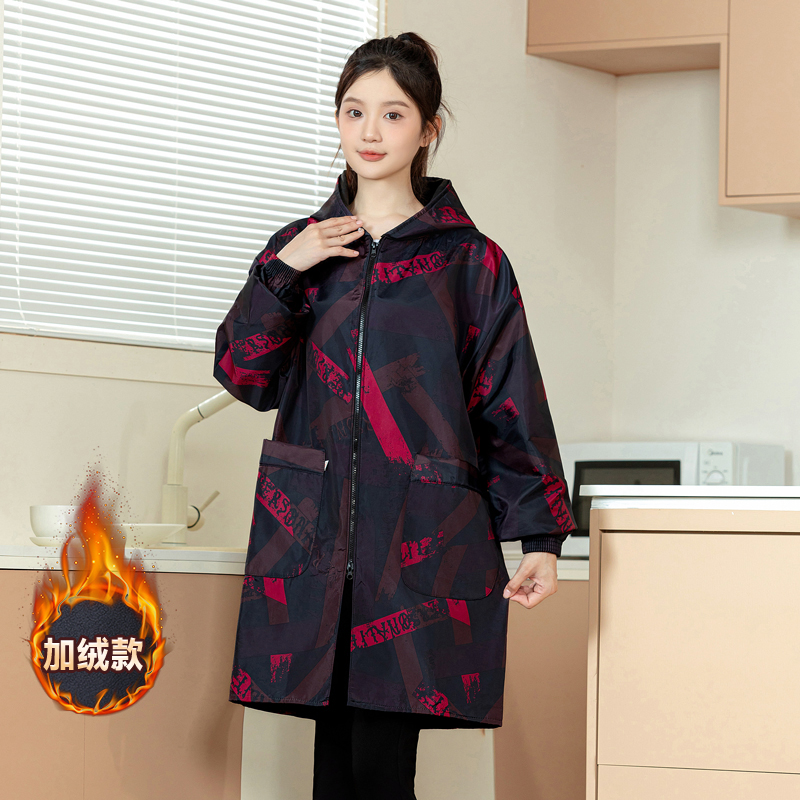 围裙加绒保暖罩衣大人家用厨房防水长袖2025新款女秋冬外套工作服