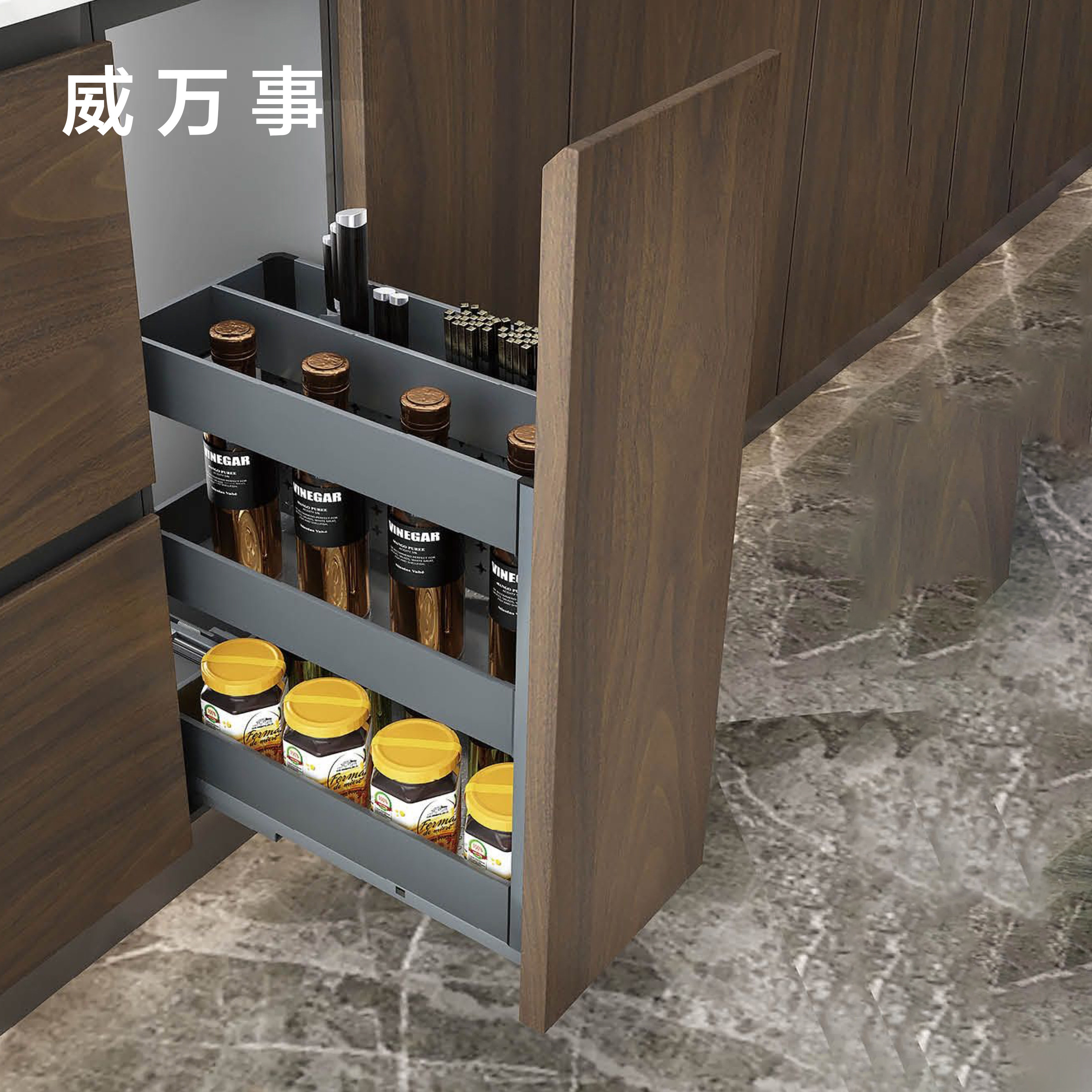 威万事WELLMAX高级感铝材深灰色厨房拉篮橱柜拉篮调味品篮御典2代