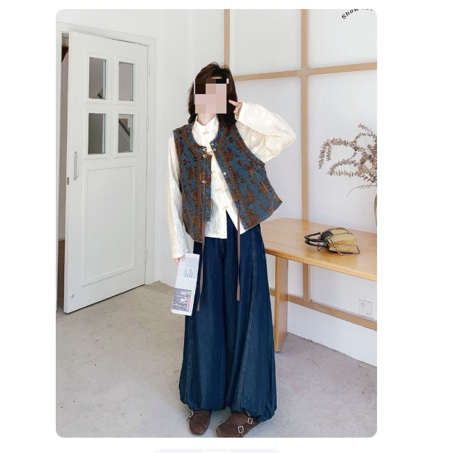 重工提花马甲衬衫打底牛仔裤三件套女2026春秋新款高级感时尚套装