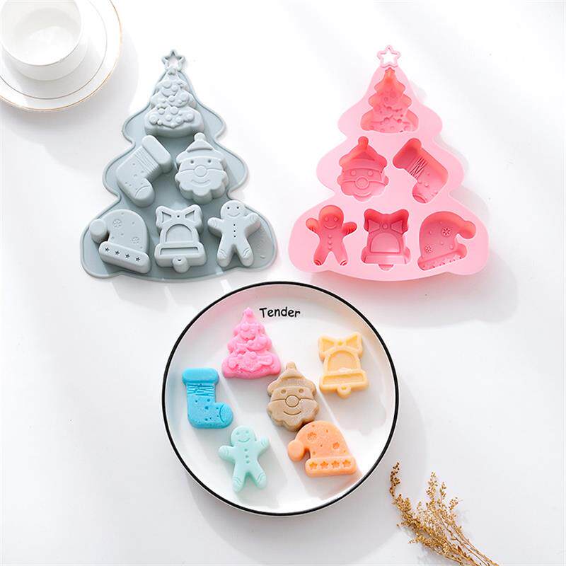 新品 6孔圣诞树硅胶蛋糕模具姜饼人老人树节日主题烘焙巧克力模具