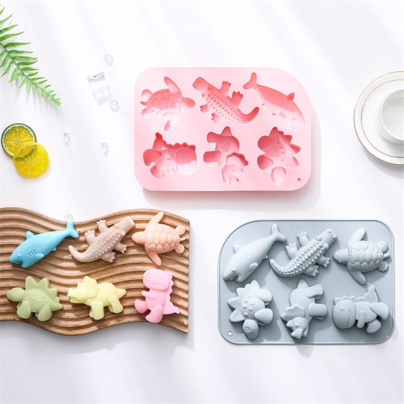 新品 6连恐龙鲨鱼鳄鱼海龟造型硅胶模具巧克力蛋糕模烘焙滴胶模具