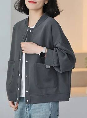 圆领棒球服女休闲百搭显瘦2024春季新款韩版长袖卫衣短款外套女