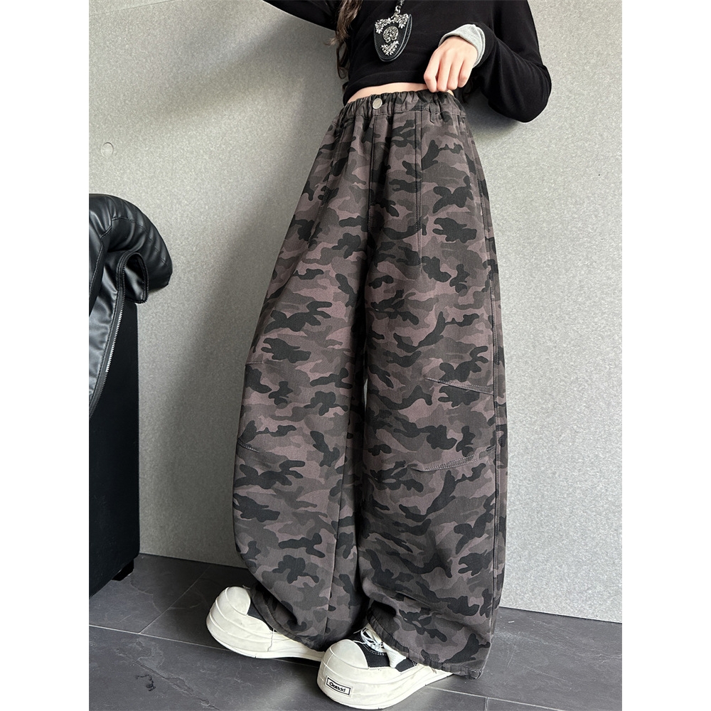 女童裤子春秋2025新款儿童秋冬装加绒迷彩工装裤女大童直筒阔腿裤