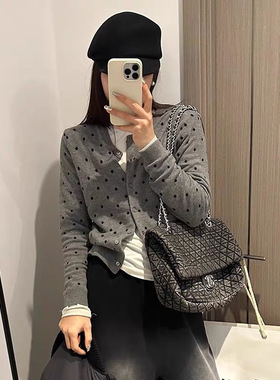 秋装灰色波点针织开衫毛衣女韩系圆领百搭时尚经典款宽松长袖上衣