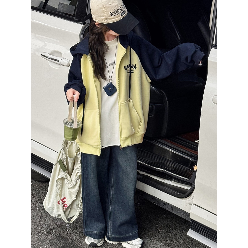 女童加绒外套2025新款儿童休闲时髦女孩拼色加厚卫衣开衫中大童潮